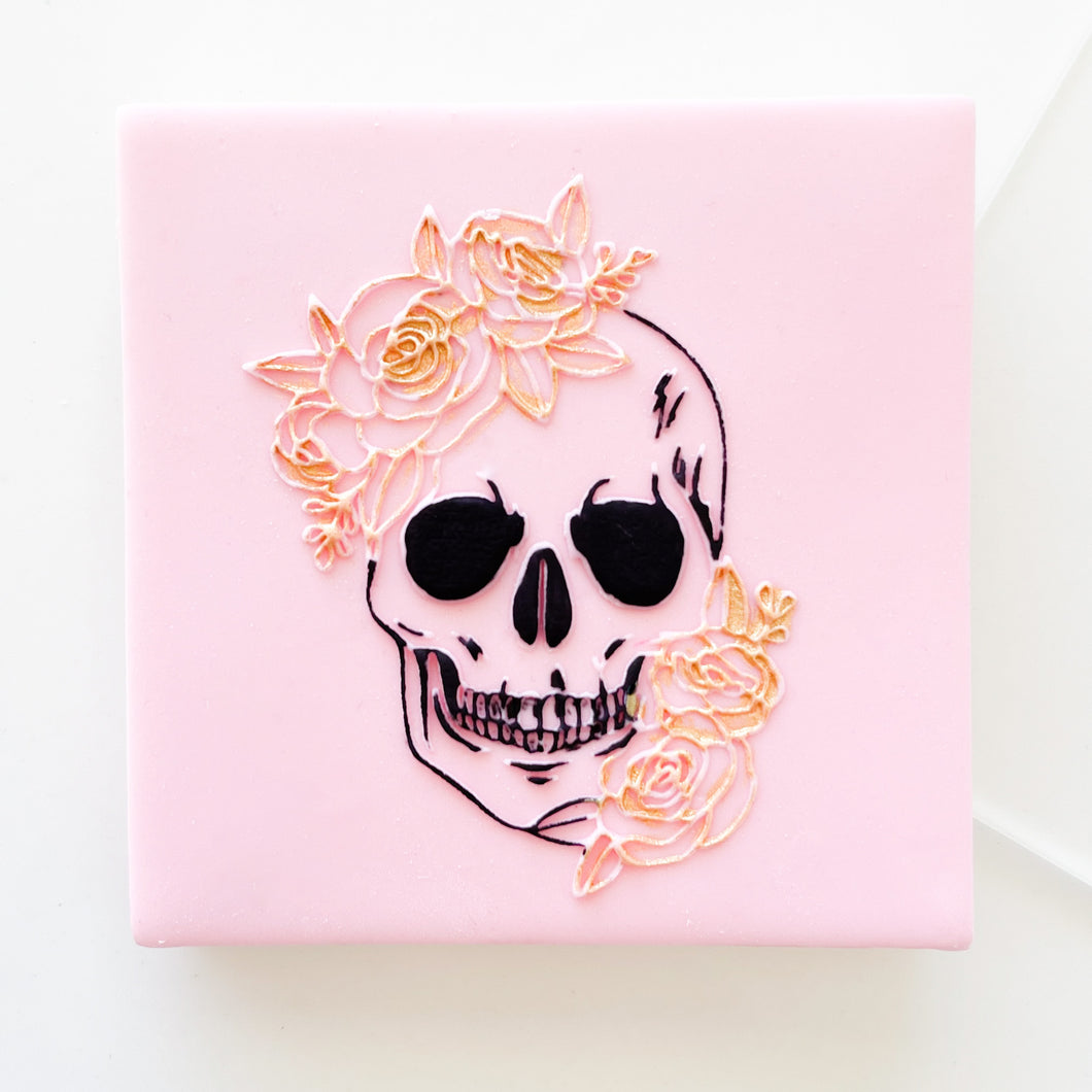 Skull With Flowers Raised Stamp